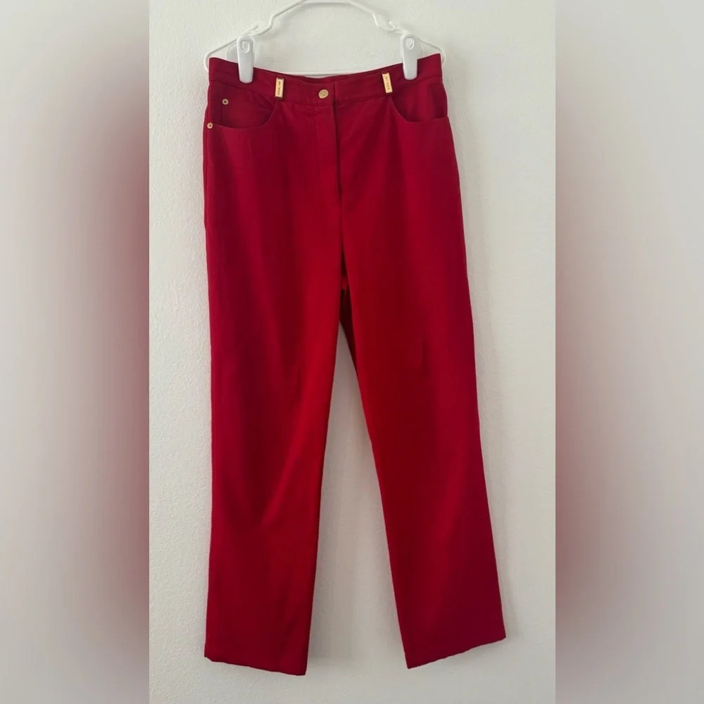 Vintage St. John Sport  Essentials Red Cotton Stretch Pants Gold Accents Size 10